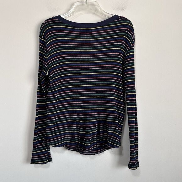 Sundry Striped Henley 3‎ Large Long Sleeve Blue Raw Hem Knit Casual Colorful Top - Picture 10 of 11